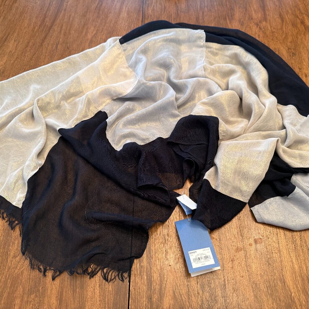 SIMPLY VERA WANG SCARF Oblong Black Gold Silver Metallic w/ Fringe NEW w/tags